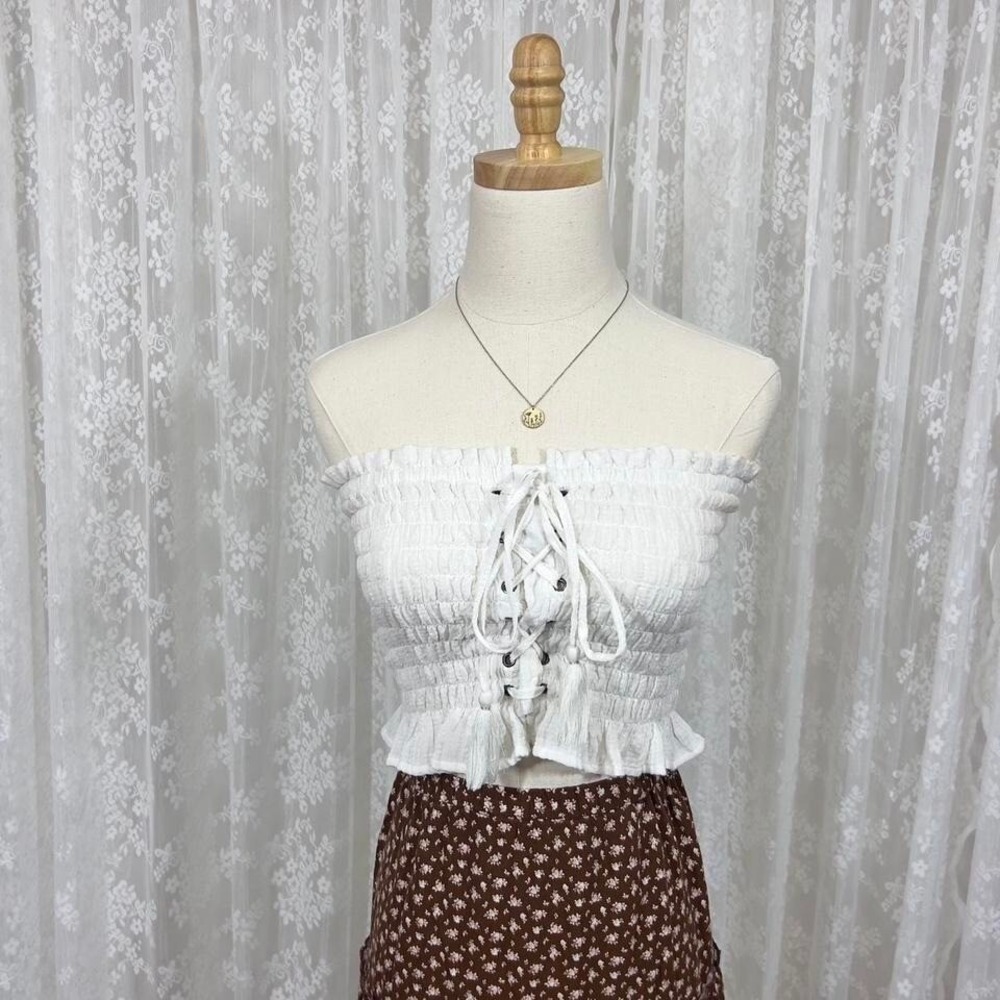 American Eagle White Ruched Tube Top‎ Lace Up Small Strapless Boho Festival
